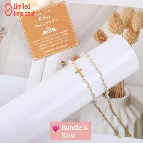 18K Gold-Plated Pearl Cross Rosary Bracelet, Hypoallergenic, 6.7" - Picture 7 of 8